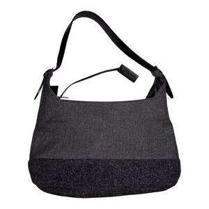 Junko Shimada Grey Wool Blend Mixed Media Shoulder Bag Hobo Black Leather Strap